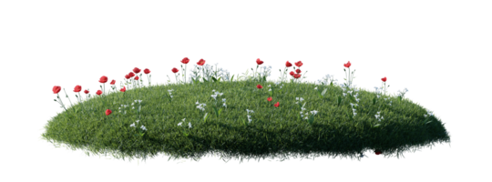 Round surface patch covered with flowers, green or dry grass isolated on white background. Realistic natural element for design. Bright 3d illustration. png