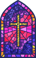 Church glass window. Stained mosaic catholic frame with religious symbol cross. Color illustration png