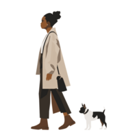 ai gerado plano ilustração do uma Preto mulher caminhando dela cachorro, isolado em transparente fundo. png