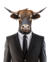 AI generated Anthropomorphic Bull Wearing Suit on Transparent Background png