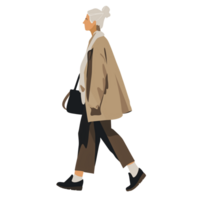 ai generado elegante más viejo mujer caminando con bolso, transparente fondo, suelto y fluido estilo png