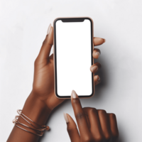 ai genererad kvinna händer innehav smartphone med tom skärm, smartphone för mockup, isolerat på transparent bakgrund png