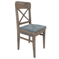 A wooden chair with a blue cushion and a wooden back png