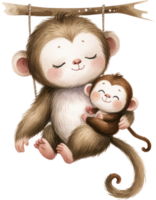 AI generated Affectionate Monkey Mother Hugging Baby Illustration, heartwarming beautifully the love and tenderness of a monkey mother cuddling her baby in a cozy embrace. png