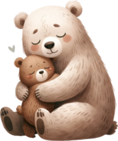 AI generated Heartfelt Bear Hug - Parent and Cub Watercolor, illustration a peaceful and loving moment as a bear parent gently embraces its sleeping cub with affection. png