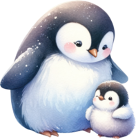 AI generated Mother Penguin with Chick Watercolor Illustration, the loving moment between a mother penguin and her chick, perfect for family and nature themes. png