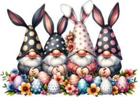 ai generiert Ostern Zwerge im ein Frühling sammeln, ein wunderlich Gruppe von vier Ostern Zwerge mit Hase Ohren versteckt unter bunt Eier und ein beschwingt Array von Frühling Blumen, Erstellen ein charmant png