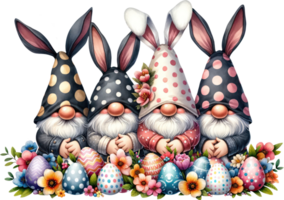 AI generated Easter Gnomes in a Springtime Gathering, A whimsical group of four Easter gnomes with bunny ears hidden among colorful eggs and a vibrant array of spring flowers, creating a charming png