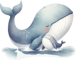 AI generated Gentle Whale and Calf Ocean Watercolor Illustration, This soothing beautifully portrays the tender bond between a whale and its calf in the tranquil ocean. png