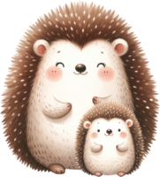 AI generated Charming Hedgehog Parent and Child Watercolor Illustration, An adorable loving embrace of a hedgehog parent with its offspring, ideal for familial themes. png