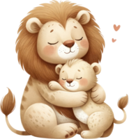 AI generated Affectionate Lion Parent with Cub Illustration, a lion parent gently holding a cub, symbolizing love and familial bonds in the animal kingdom. png