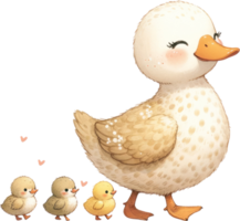 AI generated Mother Duck with Ducklings Watercolor Illustration, a proud mother duck followed by her adorable ducklings, capturing a family moment in nature. png