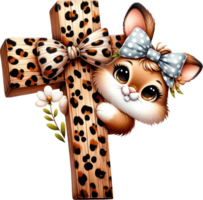 AI generated Whimsical Leopard-Print Bunny, digital illustration of an adorable bunny with leopard-print ears, bow, playfully peeking behind a leopard-print cross, a charming white flower png