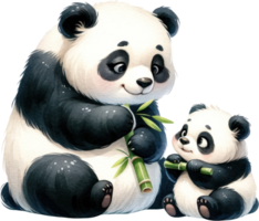 AI generated Mother Panda and Cub Enjoying Bamboo Meal Illustration, a mother panda and her cub sharing a tender moment while munching on fresh bamboo. png