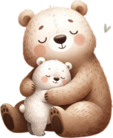 AI generated Caring Bear Mother Hugging Her Cub Watercolor, A soothing watercolor illustration of a bear mother holding her sleeping cub in a warm embrace, symbolizing comfort and maternal love. png