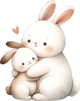 AI generated Cute Mother and Baby Bunny Watercolor Illustration, mother rabbit hugging her baby, depicted in soft watercolor tones, ideal for Mother's Day. png