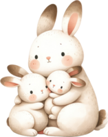 AI generated Adorable Rabbit Family Watercolor Illustration, A heartwarming image of a mother rabbit with her little bunnies, captured in a gentle watercolor style, perfect for family themes. png