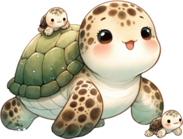 AI generated Mother Sea Turtle with Hatchlings, watercolor illustration beautifully showcases a mother sea turtle with her hatchlings, evoking themes of guidance and protection in the marine world. png