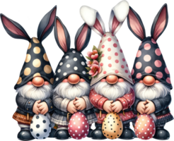 ai gerado alegre banda do Páscoa gnomos, uma encantador quarteto do gnomos com Coelho ouvidos, cada agarrando uma decorado Páscoa ovo, pronto para adicionar uma toque do encantamento e alegria para a Primavera festividades png