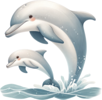 ai generado juguetón delfines saltando en agua ilustración, un ilustración de dos alegre delfines saltando juntos encima el Oceano ondas, transporte un sentido de libertad y alegría. png