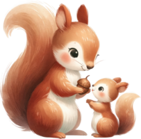 ai gegenereerd moeder eekhoorn sharing eikel- met baby, hartverwarmend waterverf illustratie beeldt af een moeder eekhoorn voorzichtig aanbieden een eikel- naar haar nieuwsgierig baby, een lief van koesteren en aan het leren png
