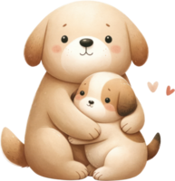 AI generated Caring Dog Mother Cuddling Puppy Illustration, heartwarming depicts a nurturing dog mother holding her puppy close, a perfect symbol of love and family bonds. png