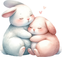 AI generated Tender Bunny Embrace Watercolor Illustration, two bunnies in a gentle embrace, capturing a moment of love and comfort. png