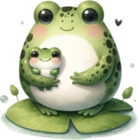 AI generated Adorable Frog Parent and Tadpole Watercolor Illustration, a joyful moment between a frog and its tadpole, highlighting their endearing bond. png