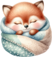 AI generated Sleeping Fox Cub Wrapped in Cozy Scarf Illustration, a peaceful sleeping fox cub swaddled in a soft, patterned scarf, radiating comfort and serenity. png