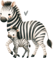 AI generated Protective Zebra Mother with Foal Illustration, An endearing watercolor illustration of a zebra mother attentively standing with her young foal, a scene of wild familial bonds. png