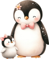 AI generated Mother and Child Penguin Illustration, A tender illustration of a mother penguin with a bow and her chick, symbolizing motherhood and love. png