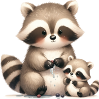 AI generated Playful Raccoon Family Watercolor Illustration, a raccoon parent and its cub enjoying a playful moment together, surrounded by nature's beauty. png