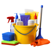 AI generated Cleaning service Bucket with sponges chemicals bottle png