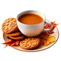 AI generated cookies and coffee cup with autumn leaves png