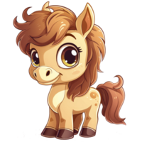 AI generated Cartoon pony with brown mane and brown eyes suitable for childrens book illustrations, greeting cards, or farmthemed designs. png