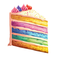 AI generated Piece of rainbow cake, suitable for birthday party invitations, celebration themes, and sweet dessert concepts for design projects. png