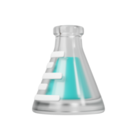 3d medicinsk transparent glas flaska med flytande. vetenskaplig teknologi. laboratorium, bioteknik, kemi, vetenskap medicinsk begrepp. trendig och modern tecknad serie stil png