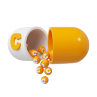 Orange pill or capsule filled with vitamin C. granules are poured out of the open tablet. 3D Rendering illustration png