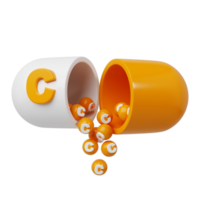 Orange pill or capsule filled with vitamin C. granules are poured out of the open tablet. 3D Rendering illustration png