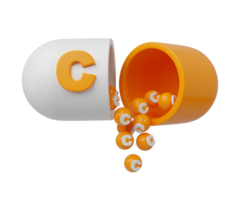 oranje pil of capsule gevulde met vitamine c. medisch korrels zijn gegoten uit van de Open tablet. 3d renderen illustratie png