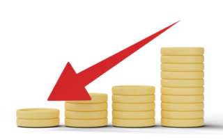 Arrow pointing down on stack of coins isolated on transparent background. png