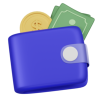 3d billetera con efectivo y moneda icono png