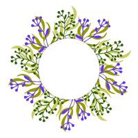 Vector spring picture. Frame of colored berries, branches and leaves around a white circle. Greeting card.