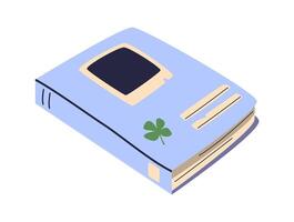 Hand drawn cute contemporary illustration of blue diary or notebook with  four-leaf clover. Flat vector sticker or icon in simple colored doodle style. Isolated on white background.