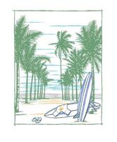 Vector illustration of beach scene with surfboard. Art made by hand in free and uncluttered strokes.