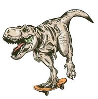 dibujado a mano vector ilustración de tiranosaurio rex montando un patineta.