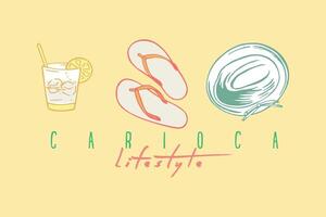 Vector illustration of composition with hat, glass of caipirinha and flip-flops. Art representing a Rio lifestyle. Drawing in simple and stylized strokes.