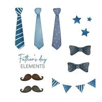 Fathers Day greeting card in blue tones with plaid men's bow tie and modern typography. Fathers Day modern watercolor illustration for web banner, fashion ads, poster, flyer, social media, promo vector