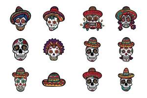 Calavera mexicano cráneo mano dibujado ilustración en antecedentes conjunto vector