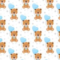 Kids seamless pattern. Pattern with cute teddy bear and heart shaped balloon in flat style for boy. Seamless pattern for textile, wrapping paper, background. vector